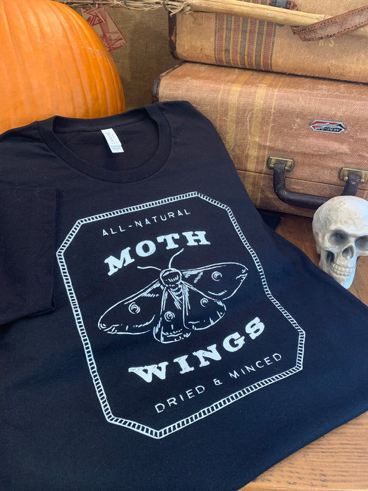 Vintage Style Apothecary Label Moth Wings Black T-shirt